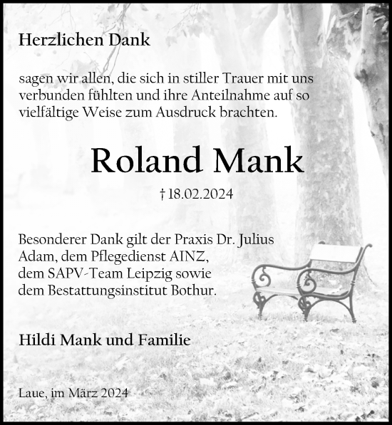 Traueranzeige von Roland Mank von Leipziger Volkszeitung