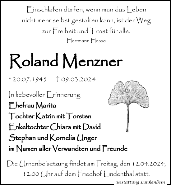 Traueranzeige von Roland Menzner von Leipziger Volkszeitung