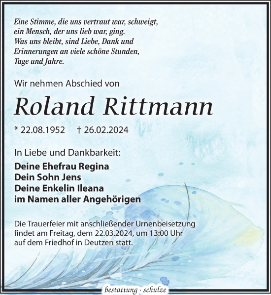 Traueranzeige von Roland Rittmann von Leipziger Volkszeitung