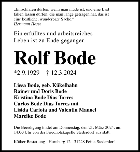 Traueranzeige von Rolf Bode von Peiner Allgemeine Zeitung