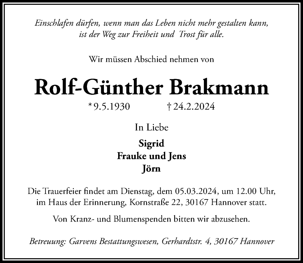  Traueranzeige für Rolf-Günther Brakmann vom 02.03.2024 aus Hannoversche Allgemeine Zeitung/Neue Presse