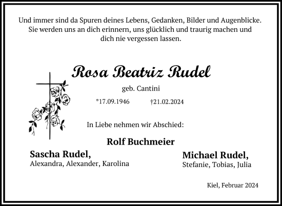 Traueranzeige von Rosa Beatriz Rudel von Kieler Nachrichten