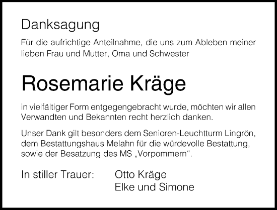 Traueranzeige von Rosemarie Kräge von Ostsee-Zeitung GmbH