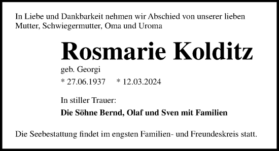 Traueranzeige von Rosmarie Kolditz von Ostsee-Zeitung GmbH
