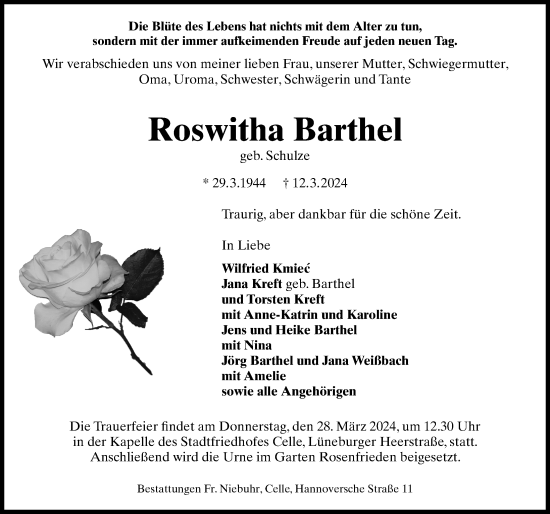 Traueranzeige von Roswitha Barthel von Märkischen Allgemeine Zeitung