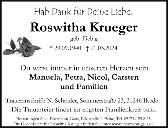 Traueranzeige von Roswitha Krueger von Peiner Allgemeine Zeitung