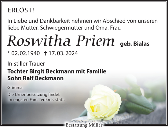 Traueranzeige von Roswitha Priem von Leipziger Volkszeitung
