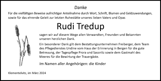 Traueranzeige von Rudi Tredup von Ostsee-Zeitung GmbH