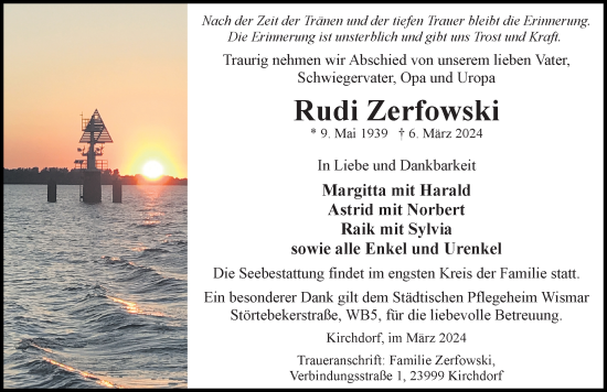 Traueranzeige von Rudi Zerfowski von Ostsee-Zeitung GmbH