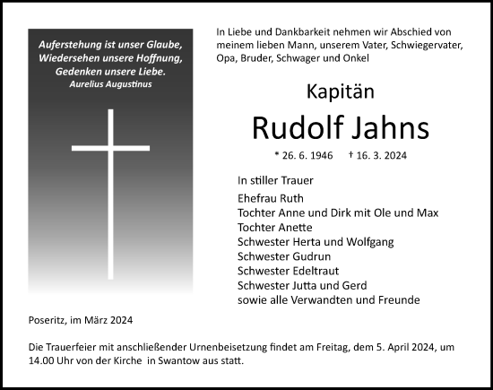 Traueranzeige von Rudolf Jahns von Ostsee-Zeitung GmbH