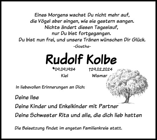 Traueranzeige von Rudolf Kolbe von Ostsee-Zeitung GmbH