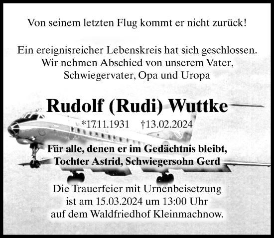Traueranzeige von Rudolf Wuttke von Märkischen Allgemeine Zeitung