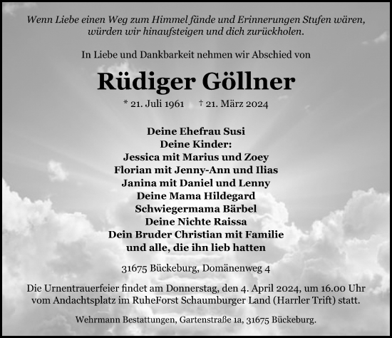 Traueranzeige von Rüdiger Göllner von Schaumburger Nachrichten