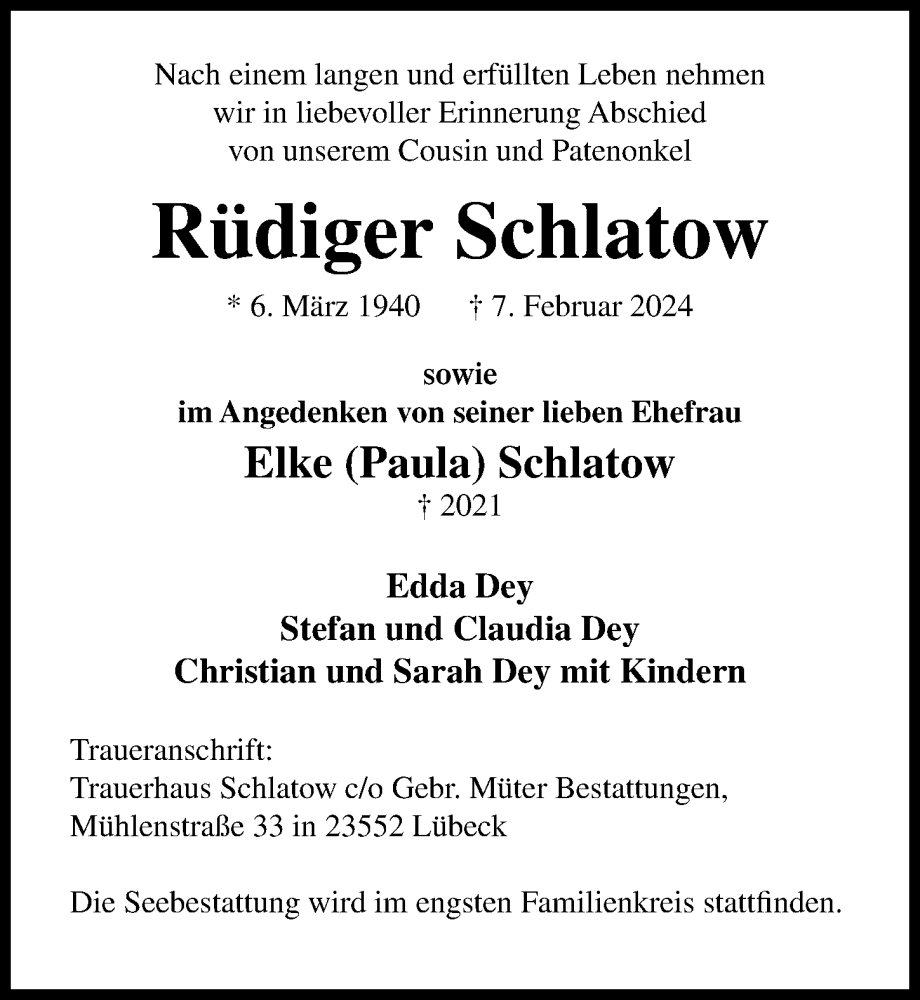  Traueranzeige für Rüdiger Schlatow vom 03.03.2024 aus Lübecker Nachrichten