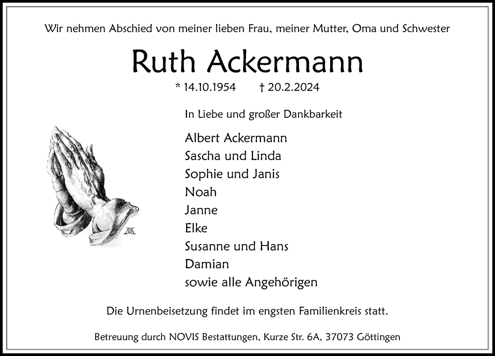  Traueranzeige für Ruth Ackermann vom 02.03.2024 aus Göttinger Tageblatt