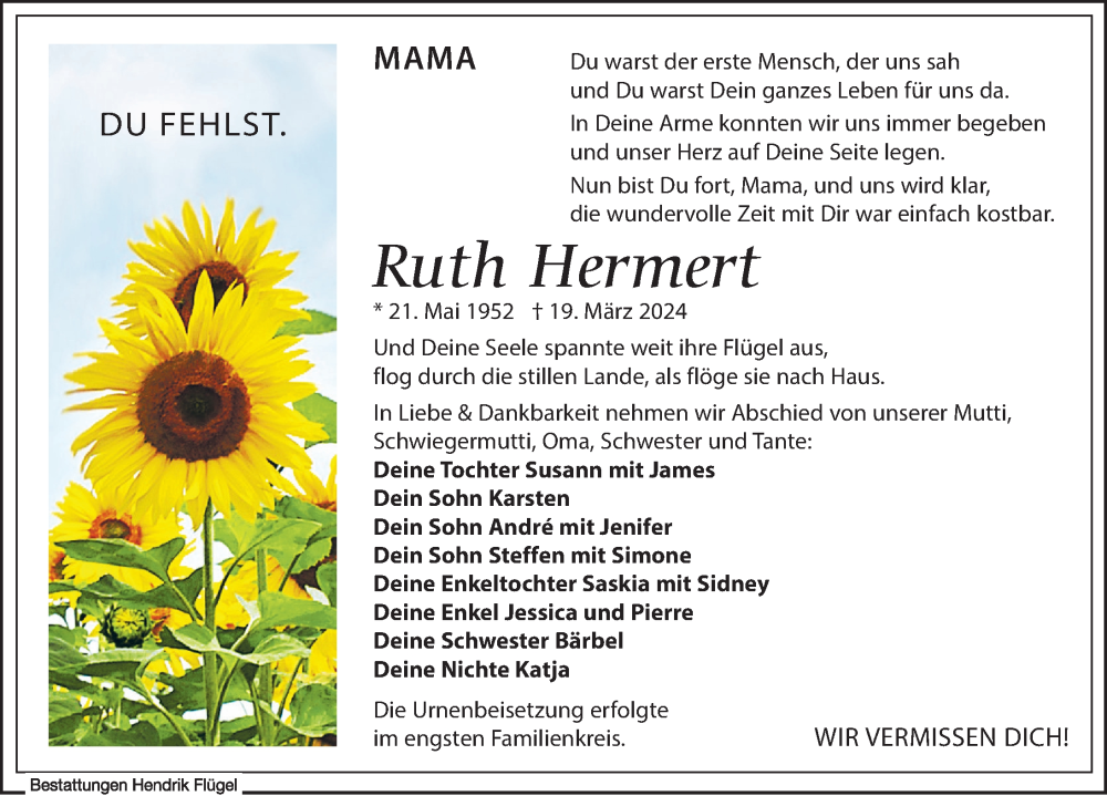  Traueranzeige für Ruth Hermert vom 30.03.2024 aus Leipziger Volkszeitung