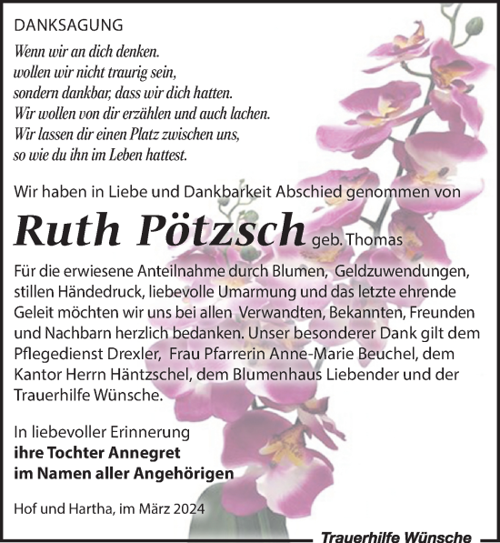 Traueranzeige von Ruth Pötzsch von Leipziger Volkszeitung
