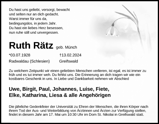 Traueranzeige von Ruth Rätz von Ostsee-Zeitung GmbH