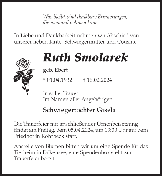 Traueranzeige von Ruth Smolarek von Märkischen Allgemeine Zeitung