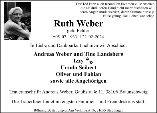 Traueranzeige von Ruth Weber von Schaumburger Nachrichten