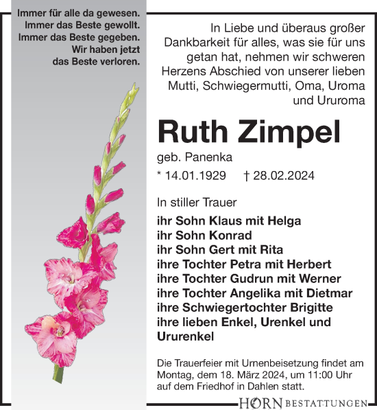 Traueranzeige von Ruth Zimpel von Leipziger Volkszeitung