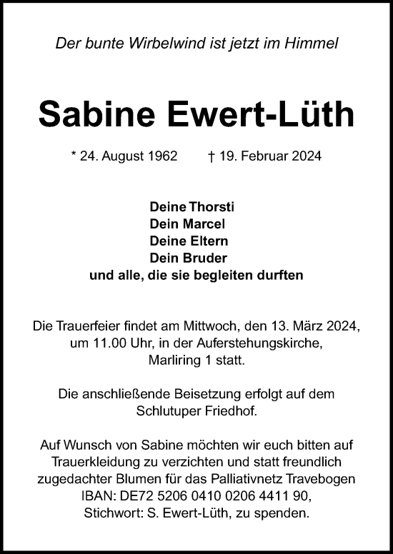 Traueranzeige von Sabine Ewert-Lüth von Lübecker Nachrichten