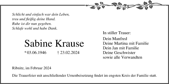 Traueranzeige von Sabine Krause von Ostsee-Zeitung GmbH