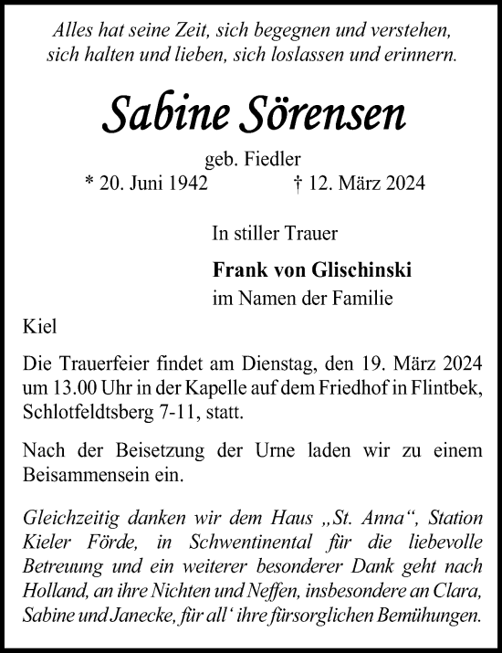 Traueranzeige von Sabine Sörensen von Kieler Nachrichten