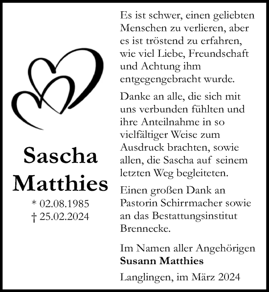 Traueranzeige von Sascha Matthies von Aller Zeitung