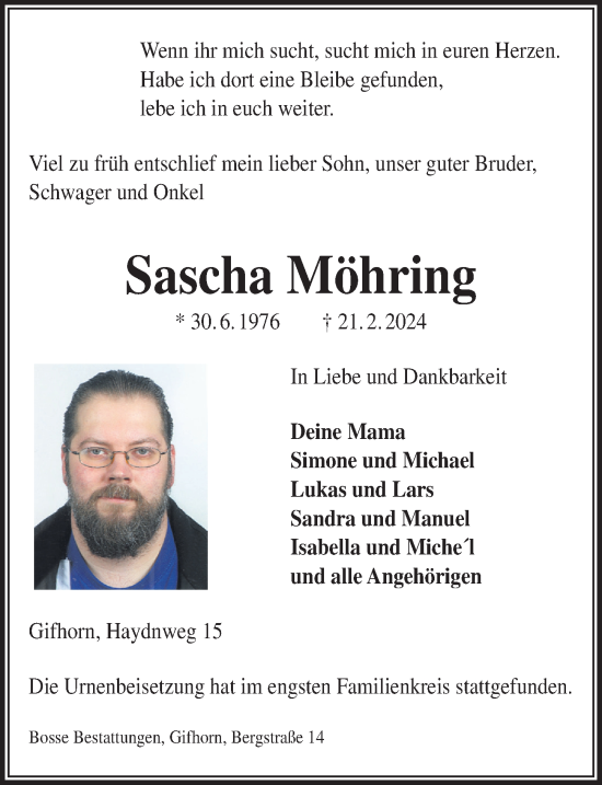 Traueranzeige von Sascha Möhring von Aller Zeitung