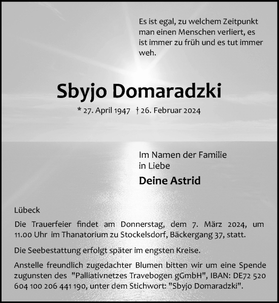 Traueranzeige von Sbyjo Domaradzki von Lübecker Nachrichten
