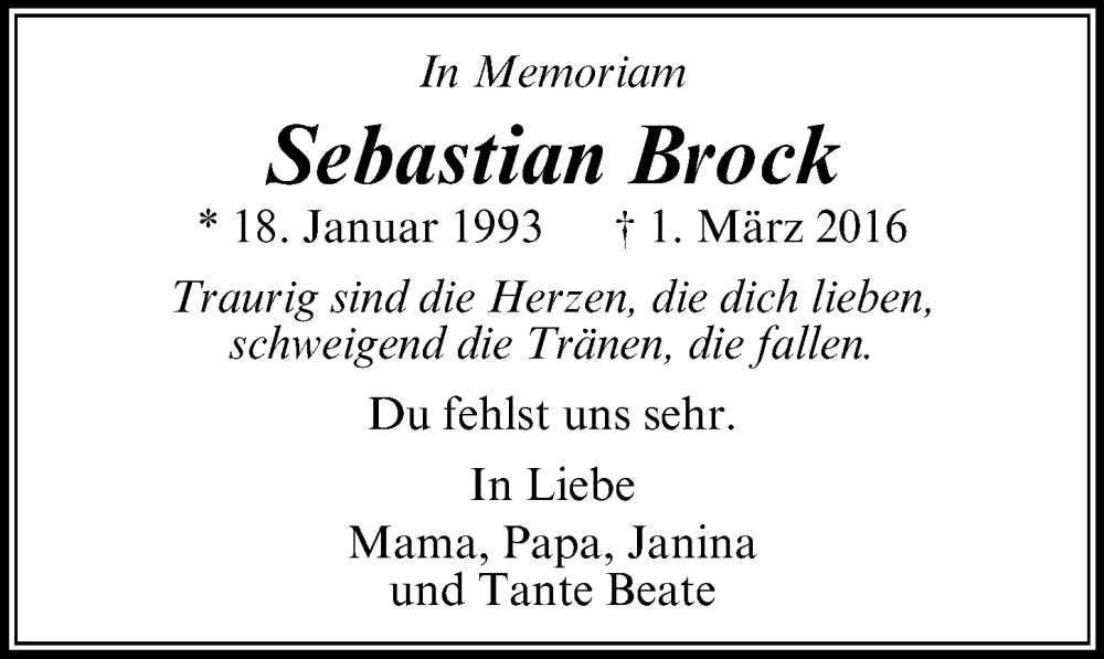  Traueranzeige für Sebastian Brock vom 03.03.2024 aus Lübecker Nachrichten