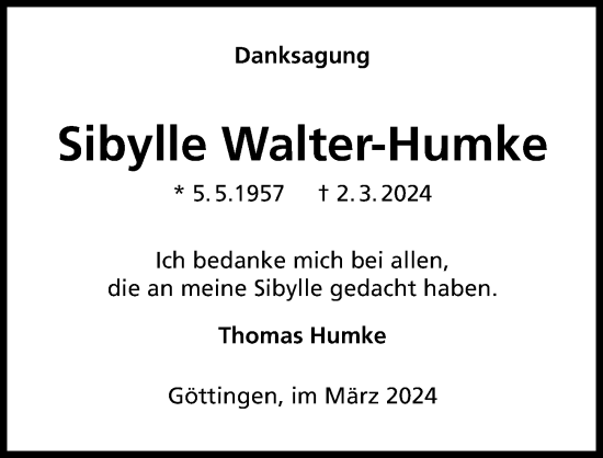 Traueranzeige von Sibylle Walter-Humke von Göttinger Tageblatt
