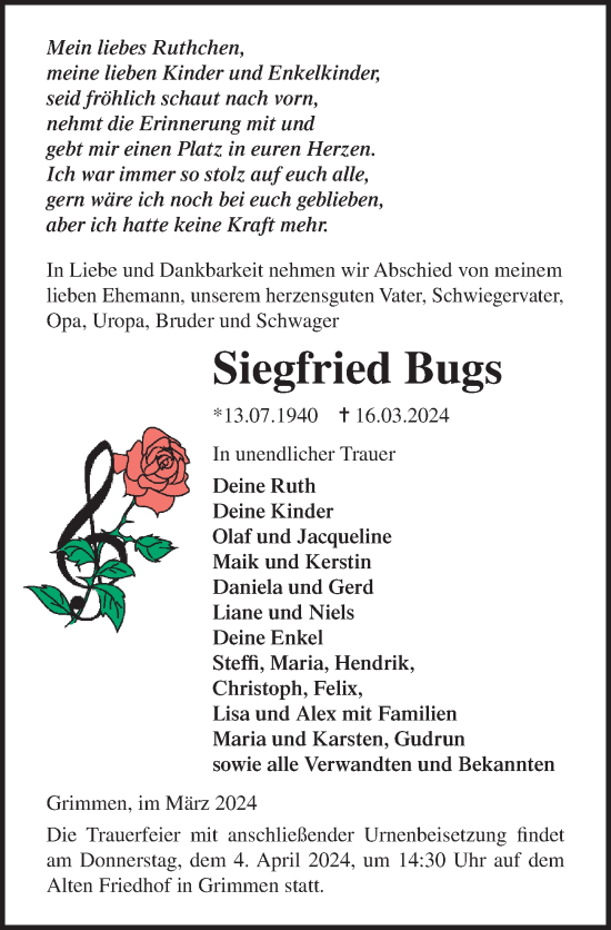 Traueranzeige von Siegfried Bugs von Ostsee-Zeitung GmbH