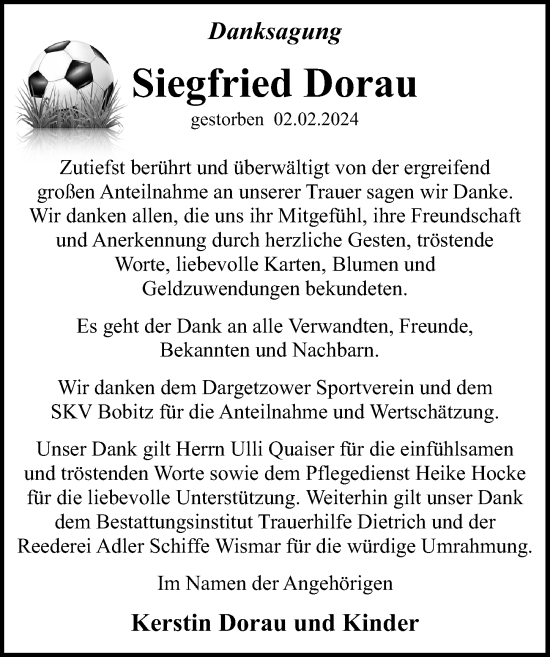 Traueranzeige von Siegfried Dorau von Ostsee-Zeitung GmbH