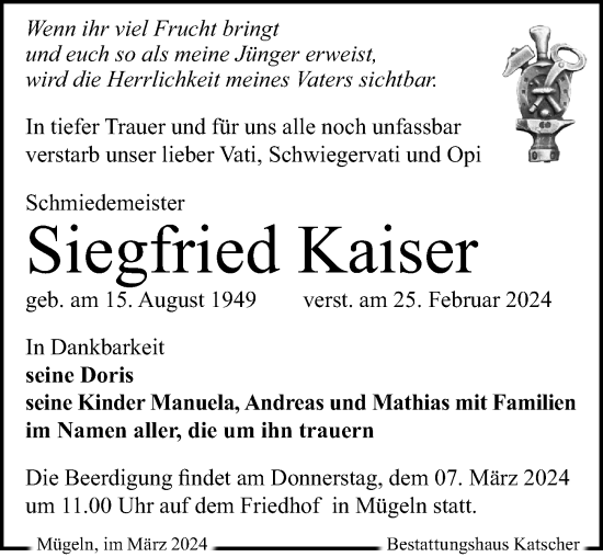 Traueranzeige von Siegfried Kaiser von Leipziger Volkszeitung
