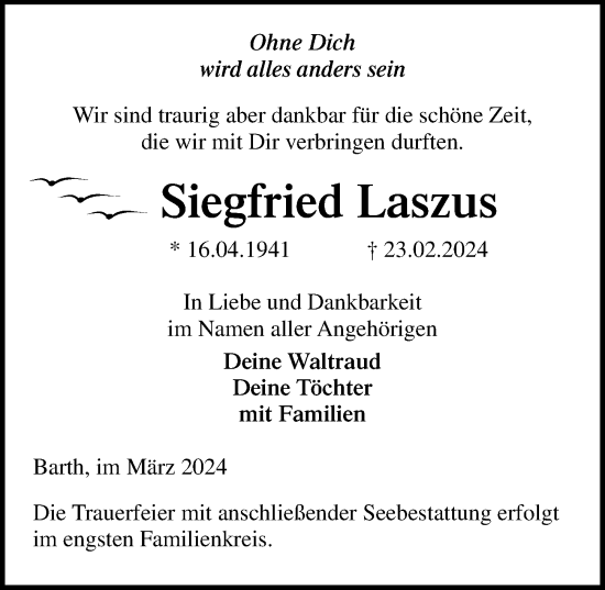 Traueranzeige von Siegfried Laszus von Ostsee-Zeitung GmbH