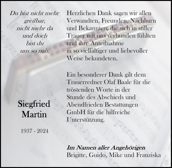 Traueranzeige von Siegfried Martin von Ostsee-Zeitung GmbH