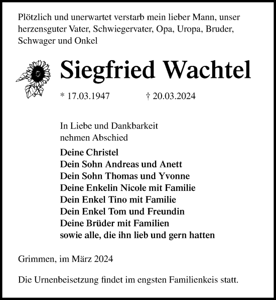 Traueranzeige von Siegfried Wachtel von Ostsee-Zeitung GmbH