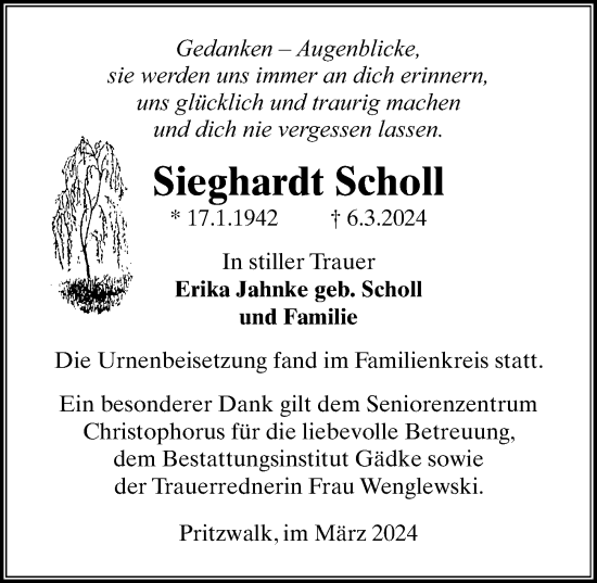 Traueranzeige von Sieghardt Scholl von Wochenspiegel