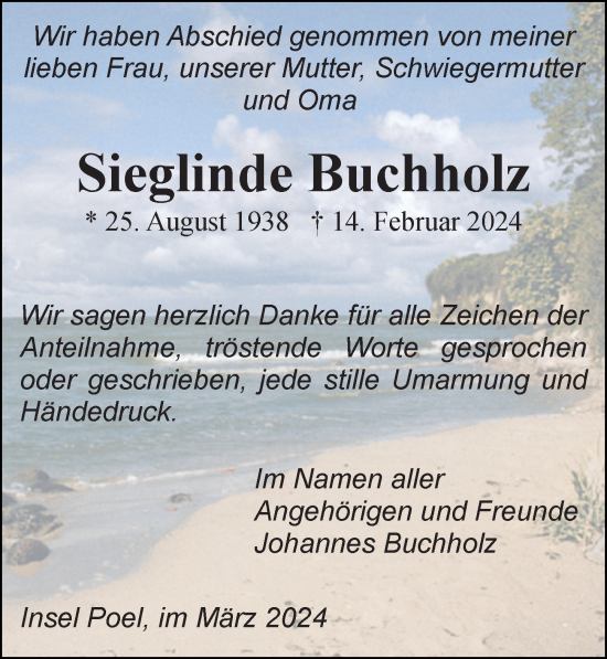 Traueranzeige von Sieglinde Buchholz von Ostsee-Zeitung GmbH