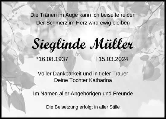 Traueranzeige von Sieglinde Müller von Ostsee-Zeitung GmbH