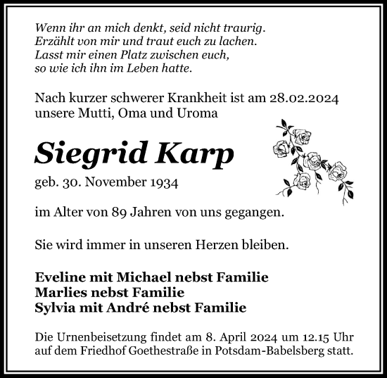 Traueranzeige von Siegrid Karp von Märkischen Allgemeine Zeitung