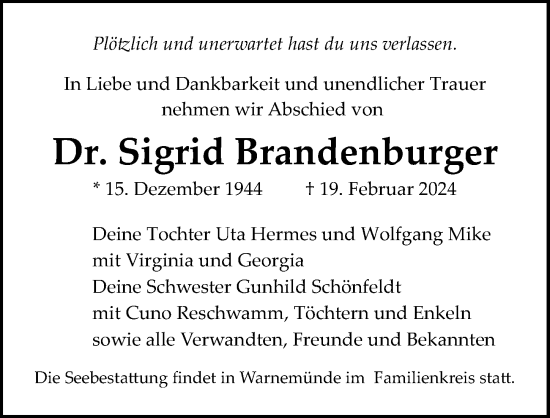 Traueranzeige von Sigrid Brandenburger von Ostsee-Zeitung GmbH
