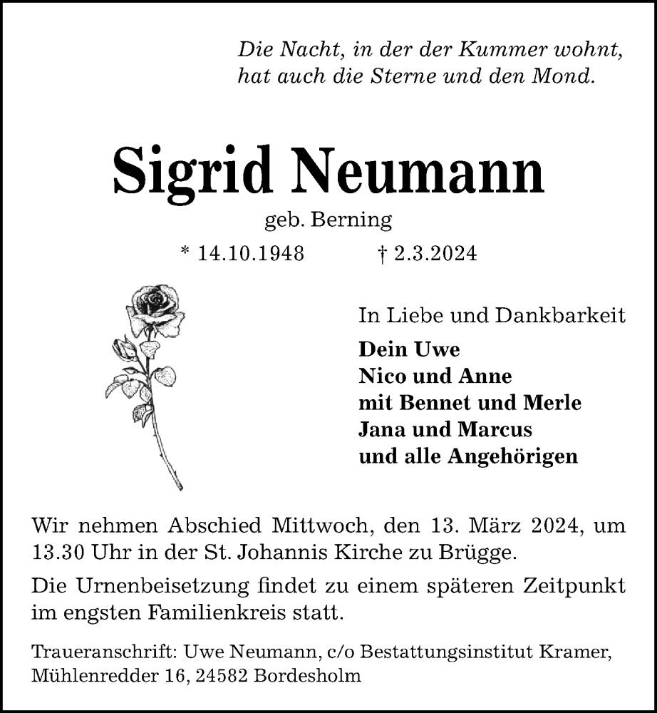  Traueranzeige für Sigrid Neumann vom 09.03.2024 aus Kieler Nachrichten