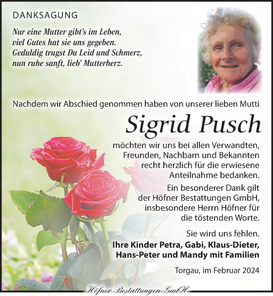 Traueranzeige von Sigrid Pusch von Torgauer Zeitung