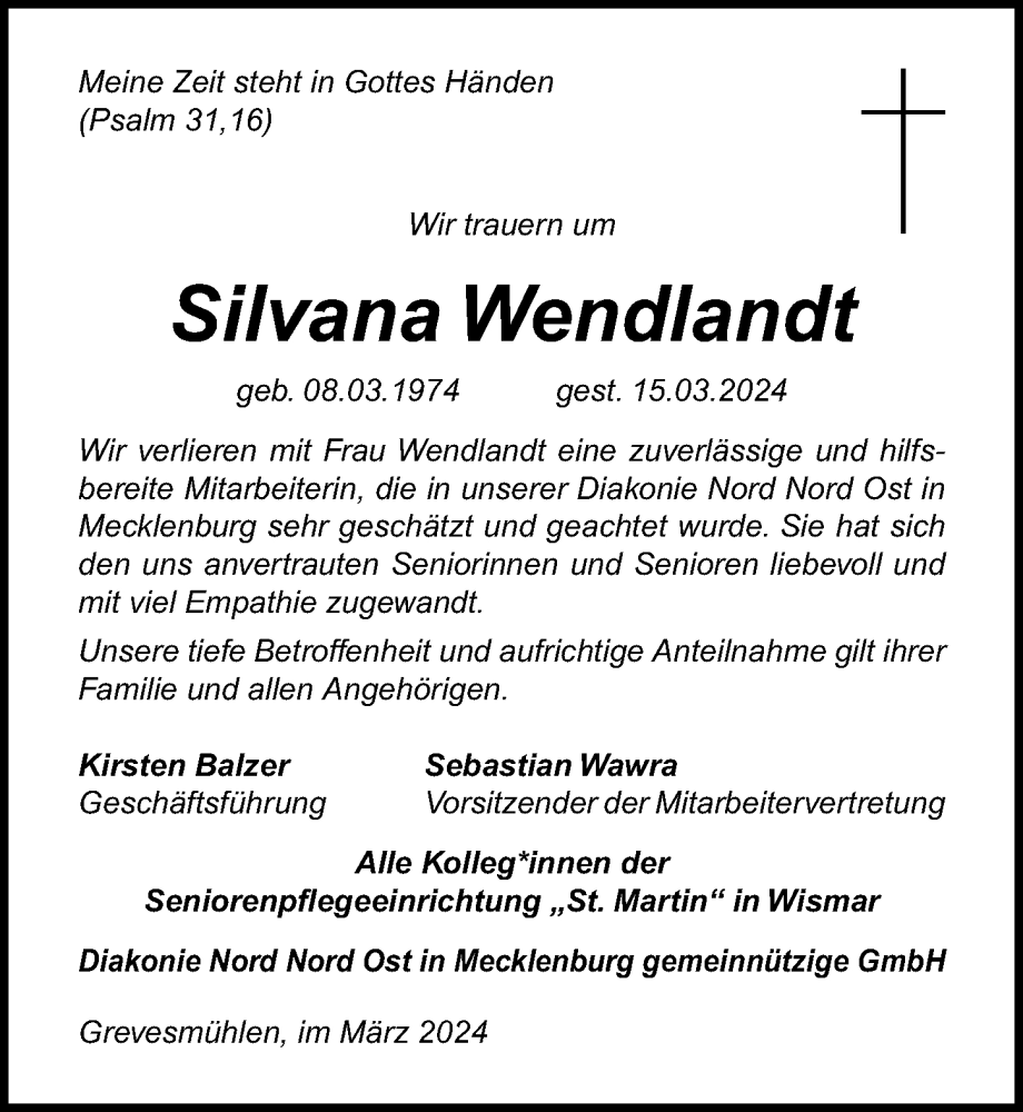  Traueranzeige für Silvana Wendlandt vom 23.03.2024 aus Ostsee-Zeitung GmbH