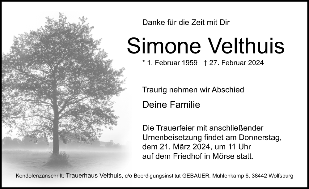  Traueranzeige für Simone Velthuis vom 09.03.2024 aus Aller Zeitung