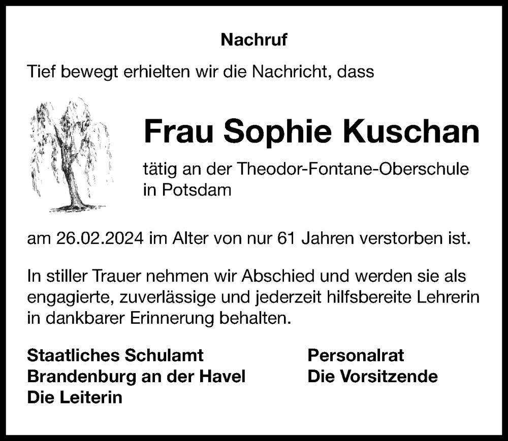  Traueranzeige für Sophie Kuschan vom 14.03.2024 aus Märkischen Allgemeine Zeitung