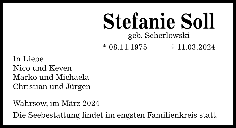  Traueranzeige für Stefanie Soll vom 17.03.2024 aus Lübecker Nachrichten